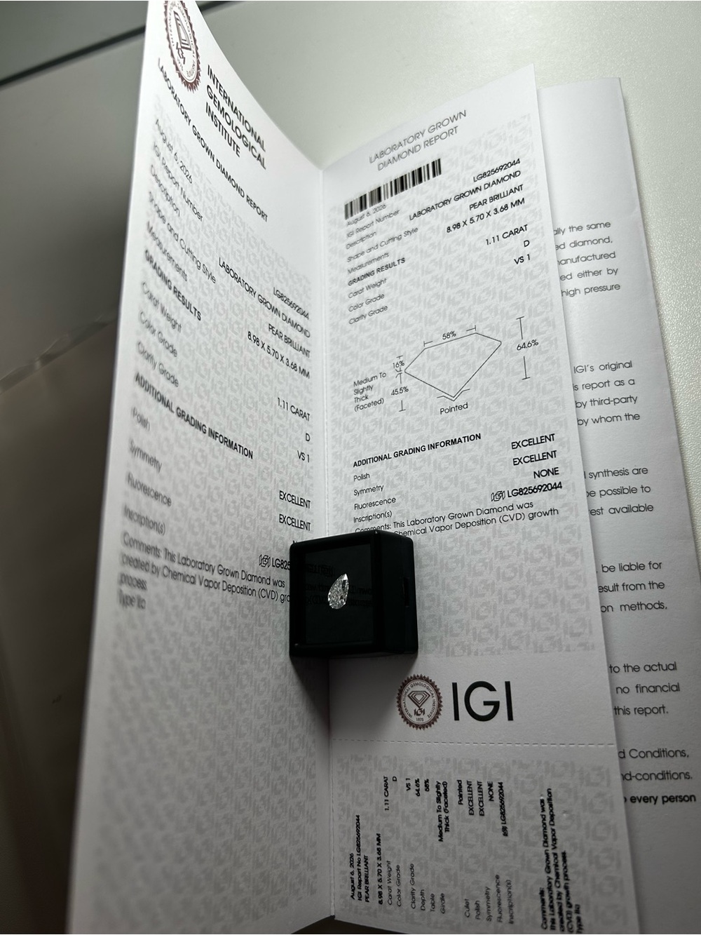 IGI 1.11 carat pear diamond